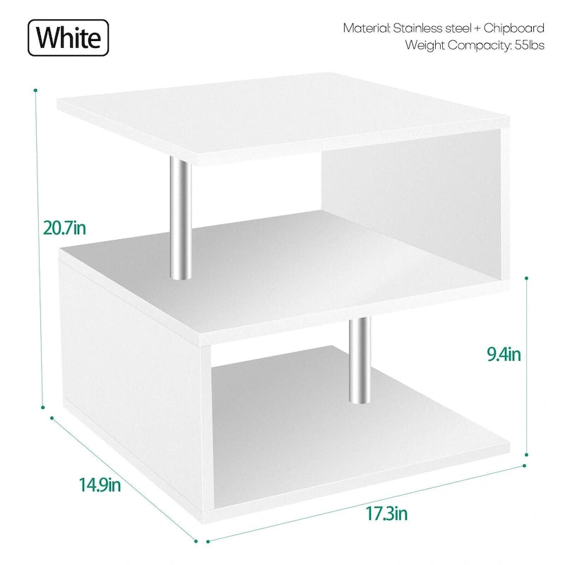 3 Tier S-Shaped End Table Wood Side Table with Storage Shelf - 20.7H x 17.3W x 14.9D