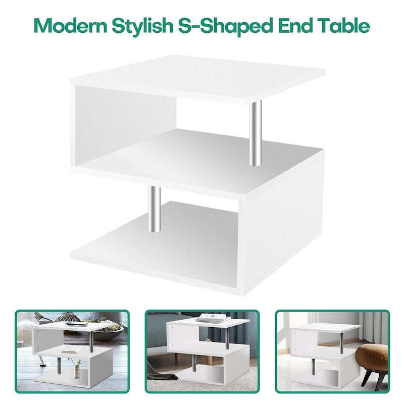 3 Tier S-Shaped End Table Wood Side Table with Storage Shelf - 20.7H x 17.3W x 14.9D