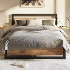 Bed Frame Platform with Headboard, No Box Spring Needed, Load Up to 700Lbs, Rustic Brown