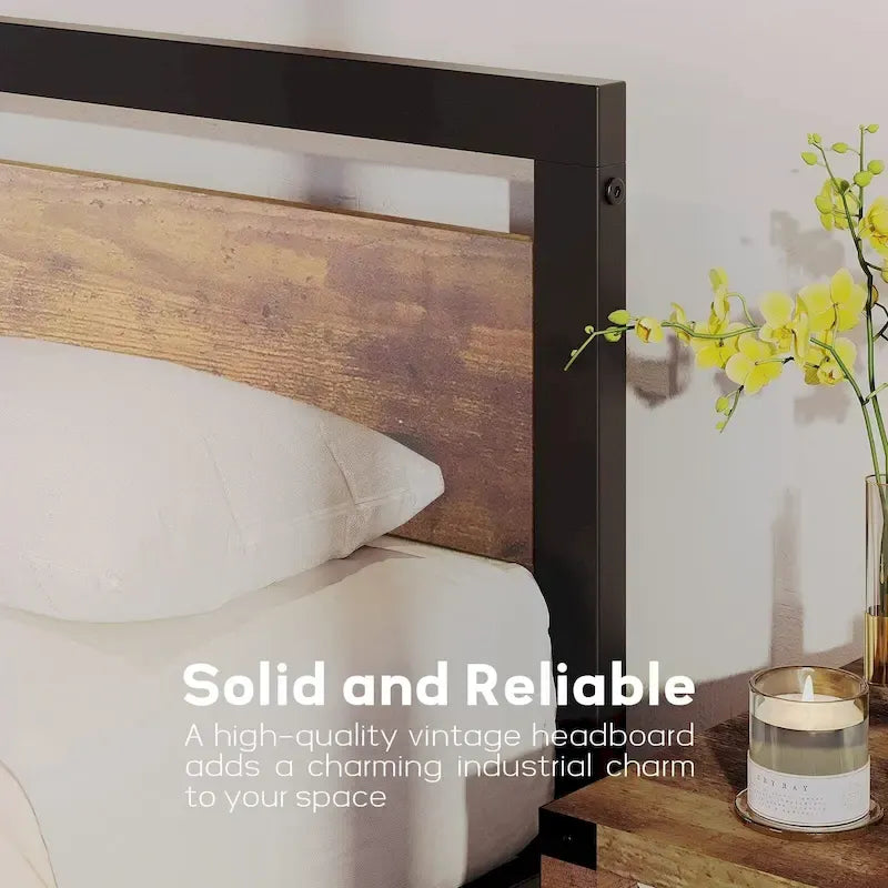 Bed Frame Platform with Headboard, No Box Spring Needed, Load Up to 700Lbs, Rustic Brown