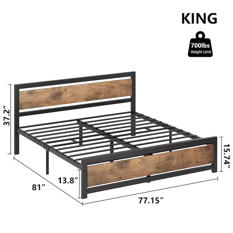 Bed Frame Platform with Headboard, No Box Spring Needed, Load Up to 700Lbs, Rustic Brown