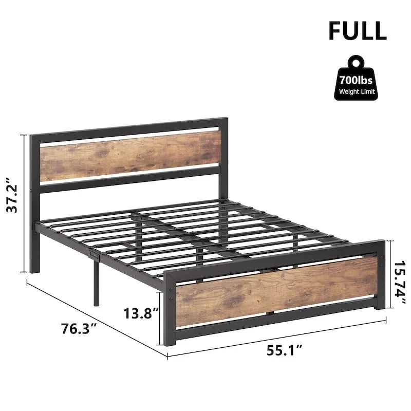 Bed Frame Platform with Headboard, No Box Spring Needed, Load Up to 700Lbs, Rustic Brown