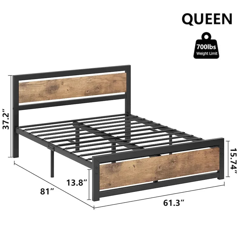 Bed Frame Platform with Headboard, No Box Spring Needed, Load Up to 700Lbs, Rustic Brown