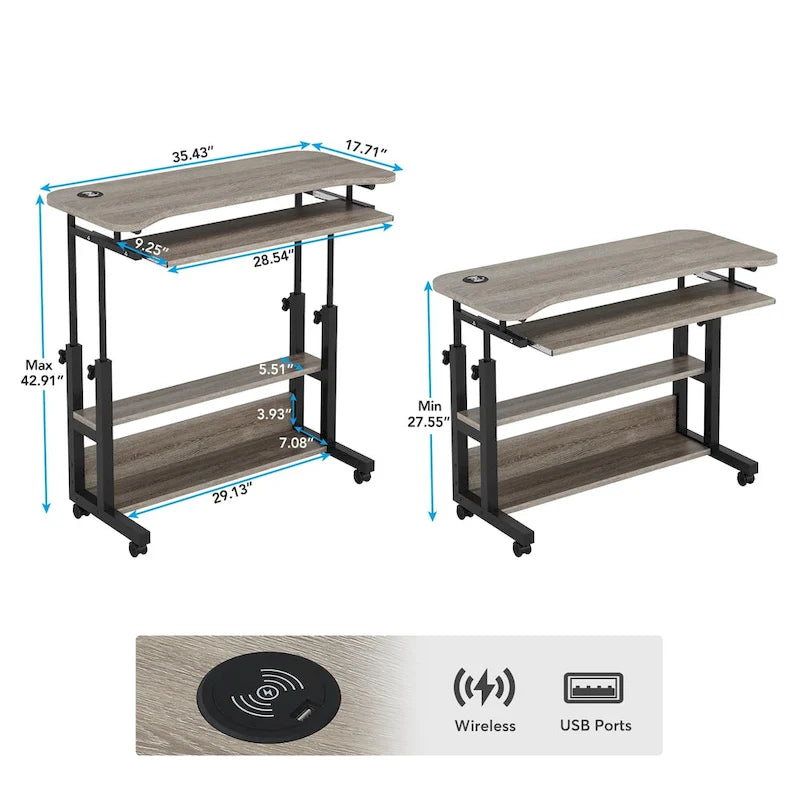 Height Adjustable Portable Desk with Charging Station, Sofa Couch Bedside Laptop Table
