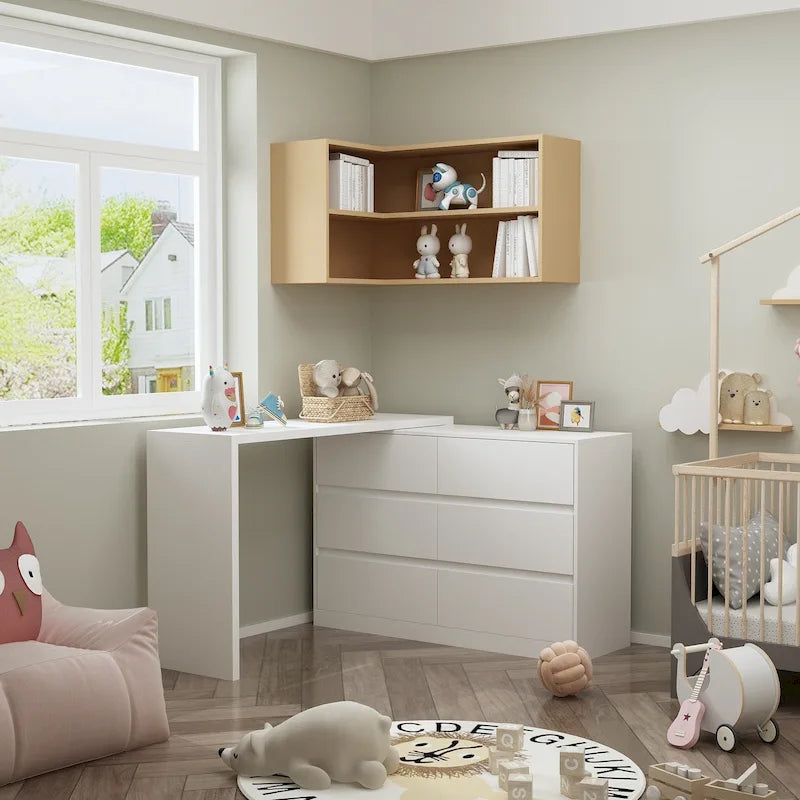 32.7H Rotating Dresser and Desk 6 Drawer Dresser Makeup Vanity White/Black