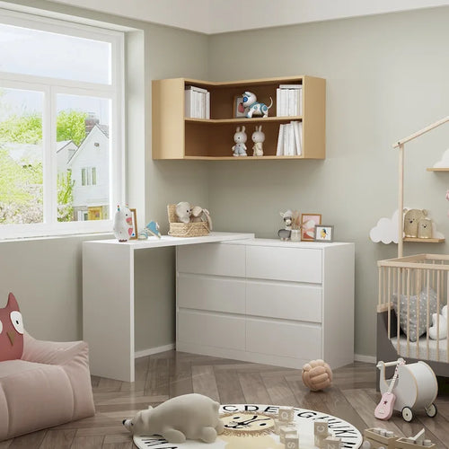 32.7H Rotating Dresser and Desk 6 Drawer Dresser Makeup Vanity White/Black