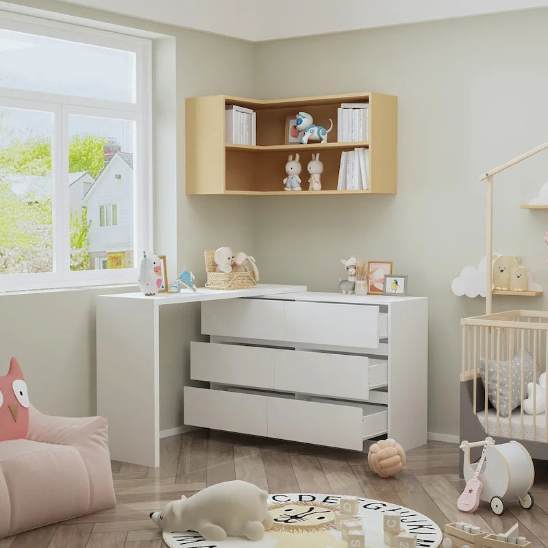 32.7H Rotating Dresser and Desk 6 Drawer Dresser Makeup Vanity White/Black