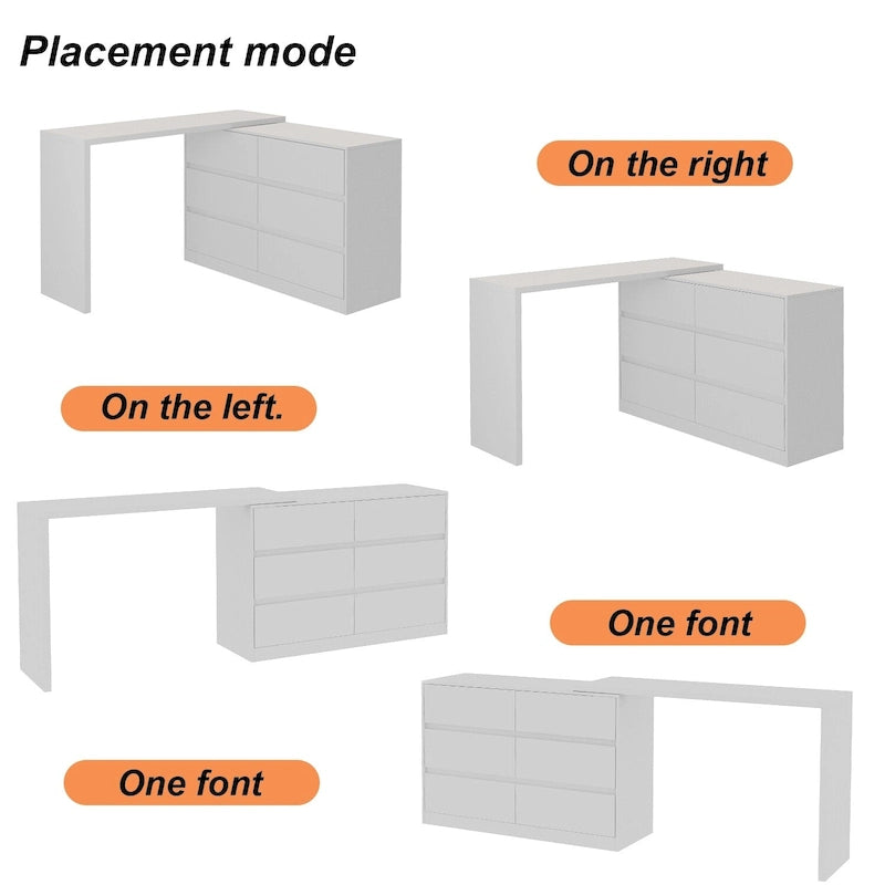 32.7H Rotating Dresser and Desk 6 Drawer Dresser Makeup Vanity White/Black