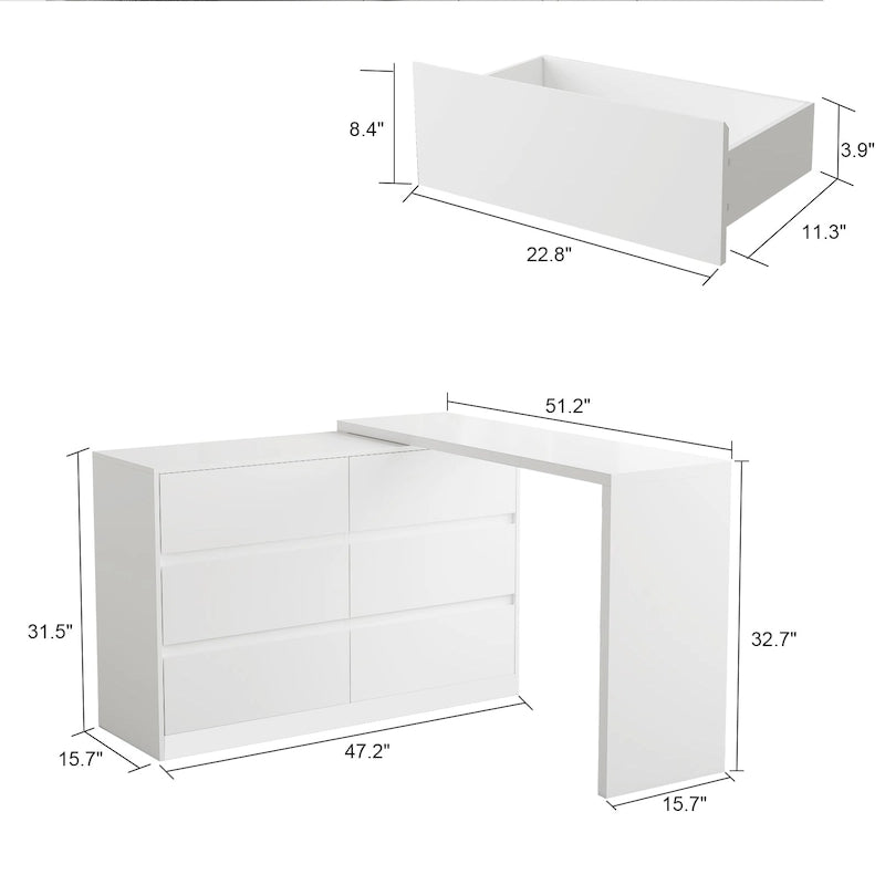 32.7H Rotating Dresser and Desk 6 Drawer Dresser Makeup Vanity White/Black