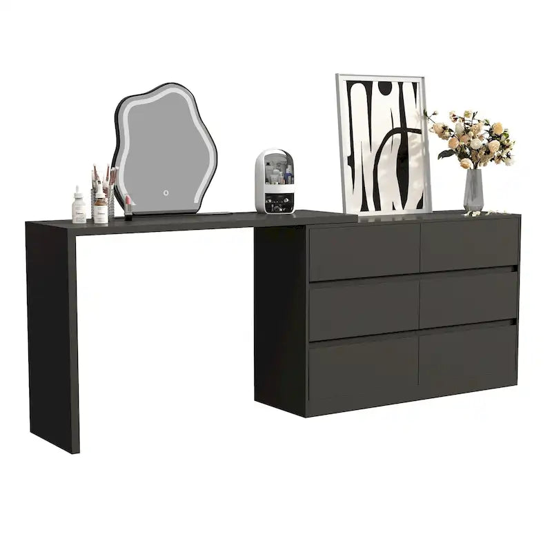 32.7H Rotating Dresser and Desk 6 Drawer Dresser Makeup Vanity White/Black