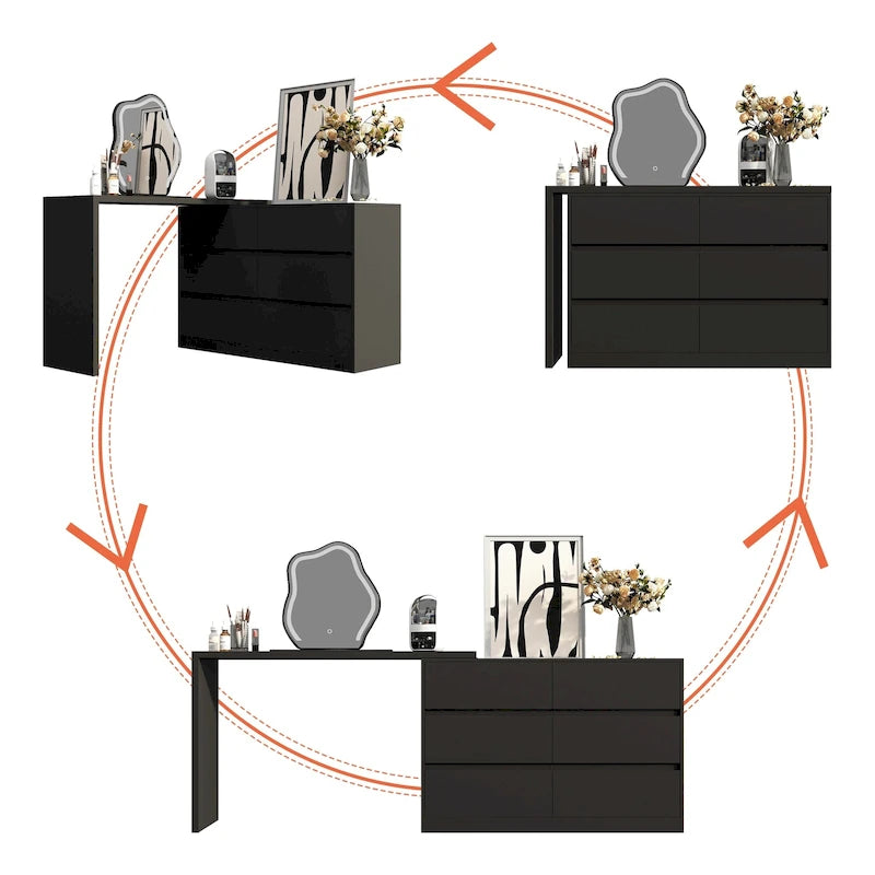 32.7H Rotating Dresser and Desk 6 Drawer Dresser Makeup Vanity White/Black