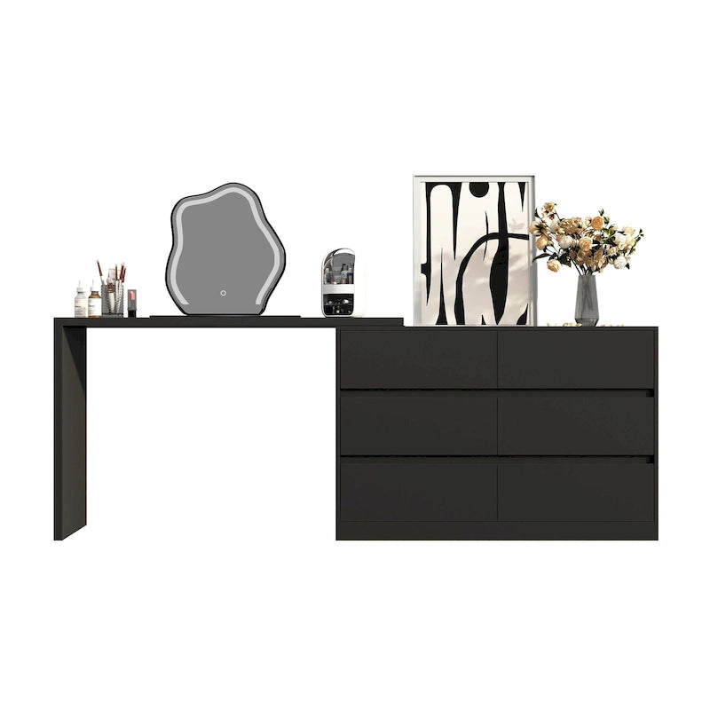 32.7H Rotating Dresser and Desk 6 Drawer Dresser Makeup Vanity White/Black