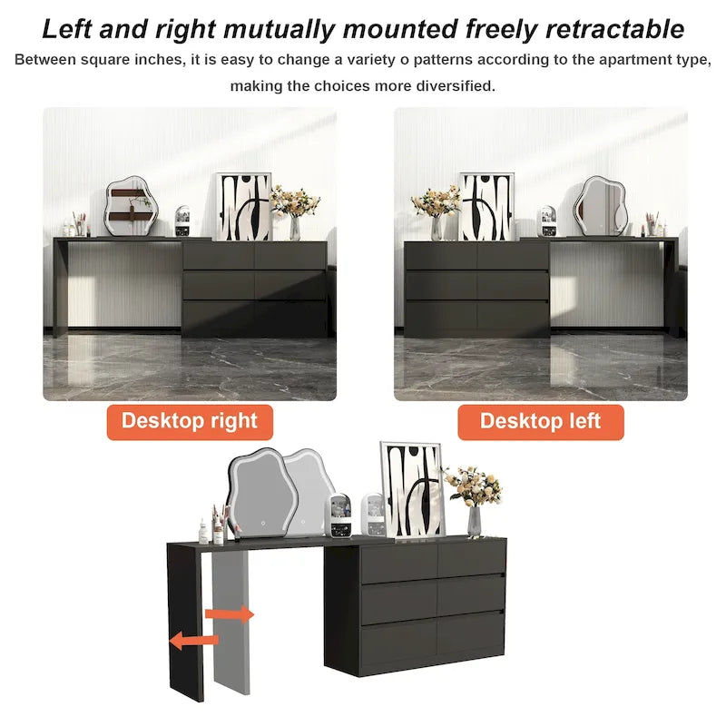 32.7H Rotating Dresser and Desk 6 Drawer Dresser Makeup Vanity White/Black