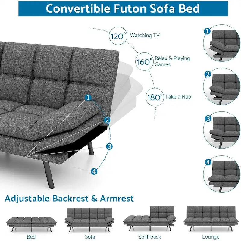 Futon Sofa Bed, Memory Foam Foldable Couch Convertible Loveseat Sleeper Daybed with Adjustable Armrests for Small Space