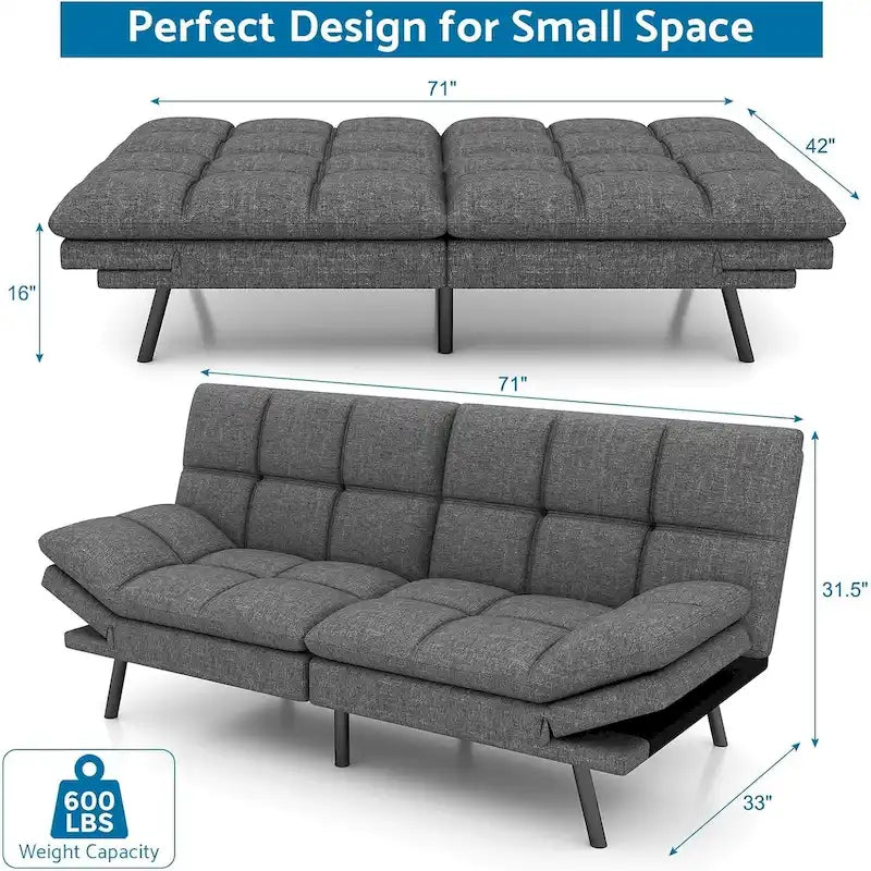 Futon Sofa Bed, Memory Foam Foldable Couch Convertible Loveseat Sleeper Daybed with Adjustable Armrests for Small Space