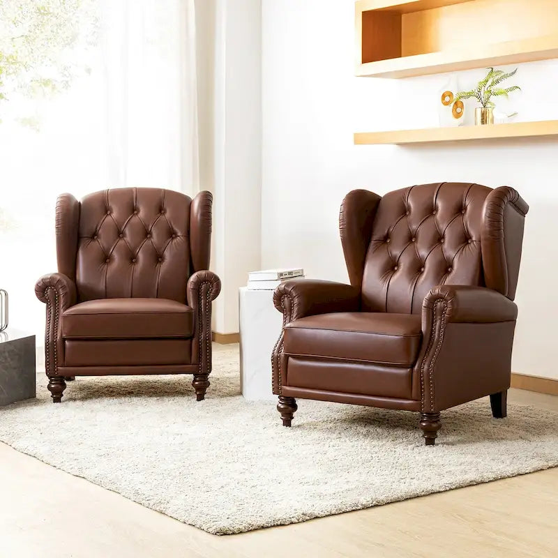 Alex Classic Wingback Leather Armchair with Nailhead Trim Set of 2 by HULALA HOME