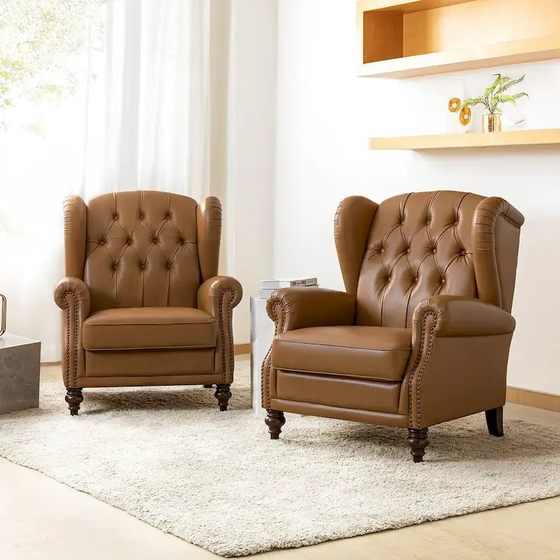 Alex Classic Wingback Leather Armchair with Nailhead Trim Set of 2 by HULALA HOME