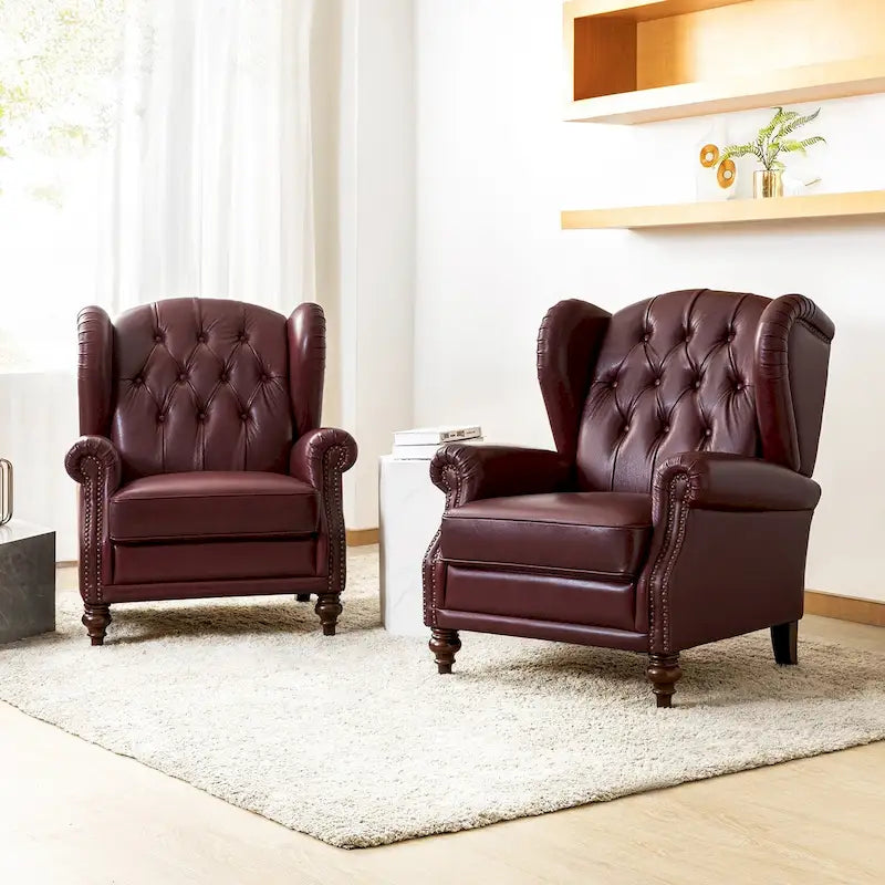 Alex Classic Wingback Leather Armchair with Nailhead Trim Set of 2 by HULALA HOME