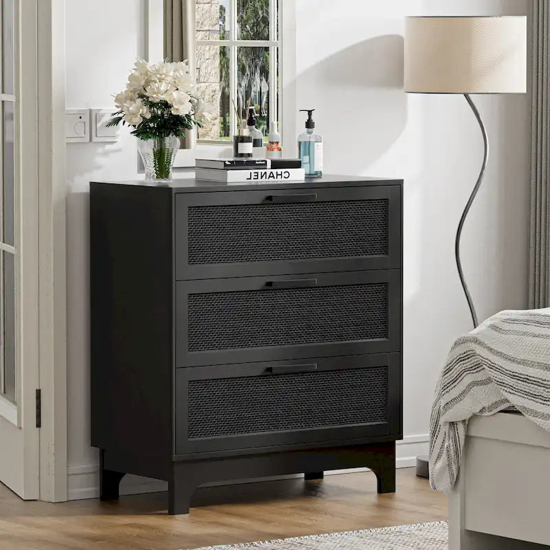 Anmytek Black 3-Drawer Dresser Modern Rattan Chest of Drawers Accent Storage Cabinet for Bedroom