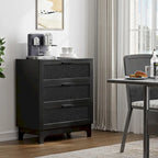 Anmytek Black 3-Drawer Dresser Modern Rattan Chest of Drawers Accent Storage Cabinet for Bedroom