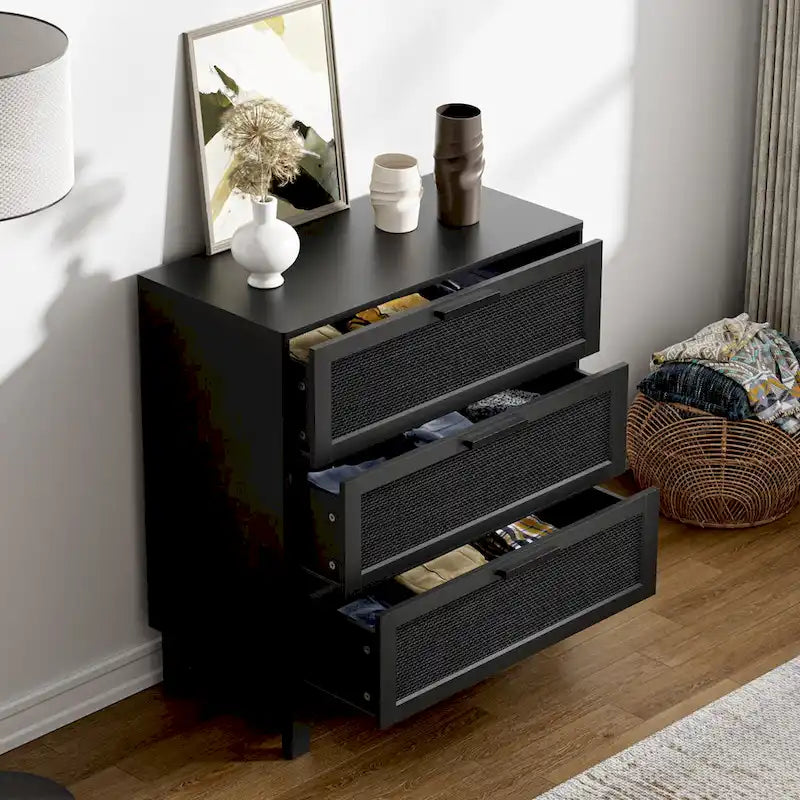 Anmytek Black 3-Drawer Dresser Modern Rattan Chest of Drawers Accent Storage Cabinet for Bedroom