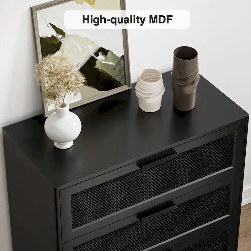 Anmytek Black 3-Drawer Dresser Modern Rattan Chest of Drawers Accent Storage Cabinet for Bedroom