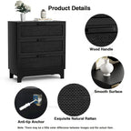 Anmytek Black 3-Drawer Dresser Modern Rattan Chest of Drawers Accent Storage Cabinet for Bedroom