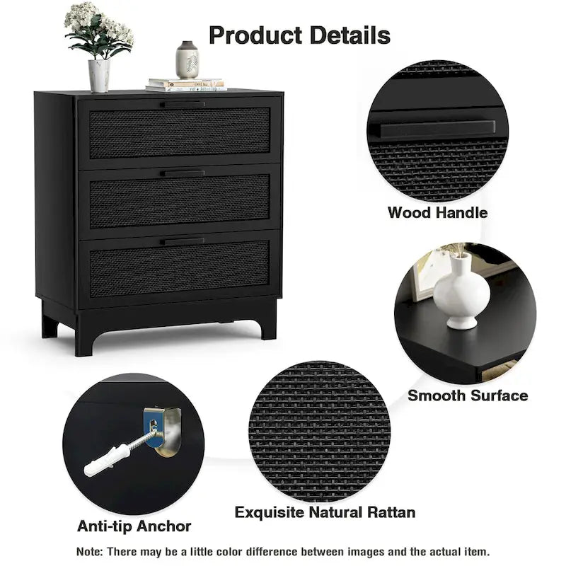 Anmytek Black 3-Drawer Dresser Modern Rattan Chest of Drawers Accent Storage Cabinet for Bedroom