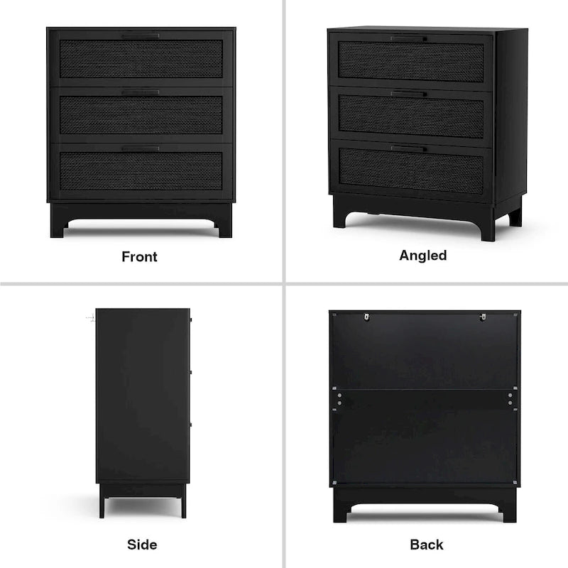 Anmytek Black 3-Drawer Dresser Modern Rattan Chest of Drawers Accent Storage Cabinet for Bedroom