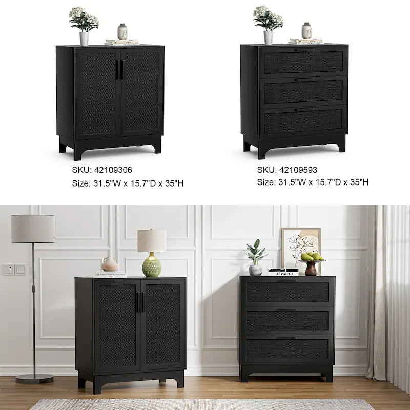 Anmytek Black 3-Drawer Dresser Modern Rattan Chest of Drawers Accent Storage Cabinet for Bedroom