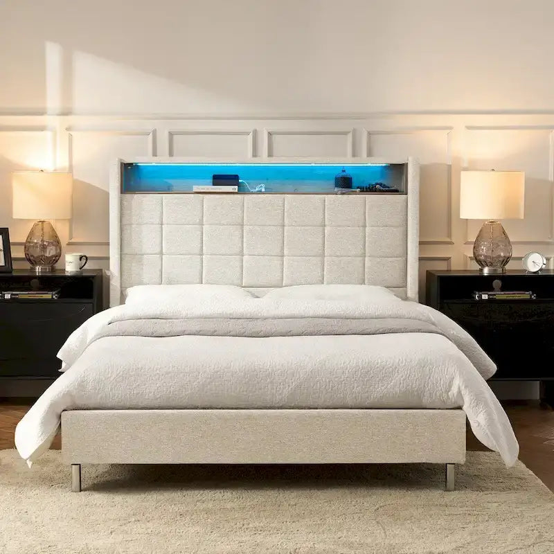 Celia Modern 61.5 Geometric Pattern Bed with Storage Headboard and Warm Night Light by HULALA HOME