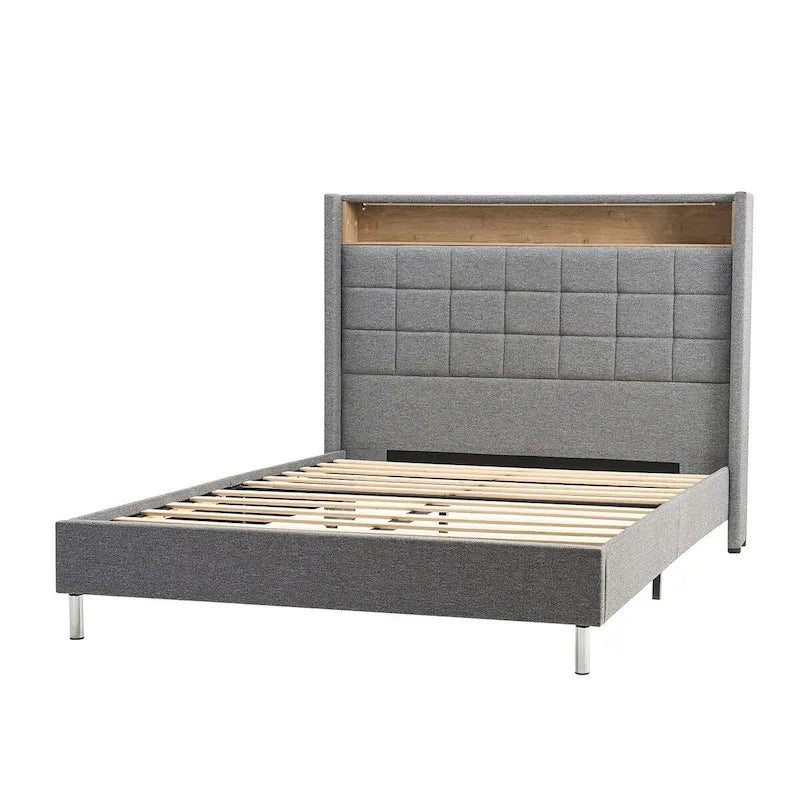 Celia Modern 61.5 Geometric Pattern Bed with Storage Headboard and Warm Night Light by HULALA HOME