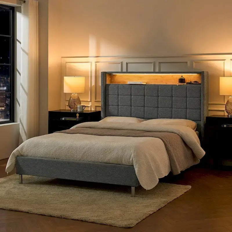 Celia Modern 61.5 Geometric Pattern Bed with Storage Headboard and Warm Night Light by HULALA HOME