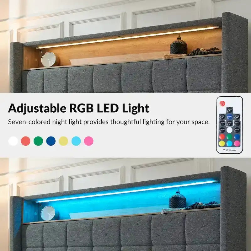 Celia Modern 61.5 Geometric Pattern Bed with Storage Headboard and Warm Night Light by HULALA HOME