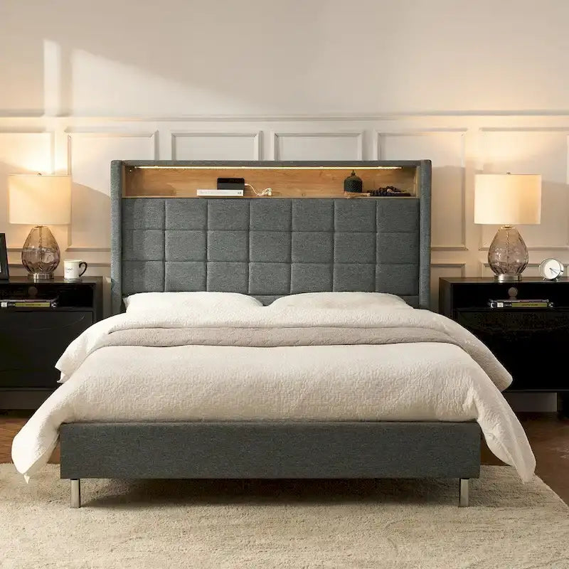 Celia Modern 61.5 Geometric Pattern Bed with Storage Headboard and Warm Night Light by HULALA HOME