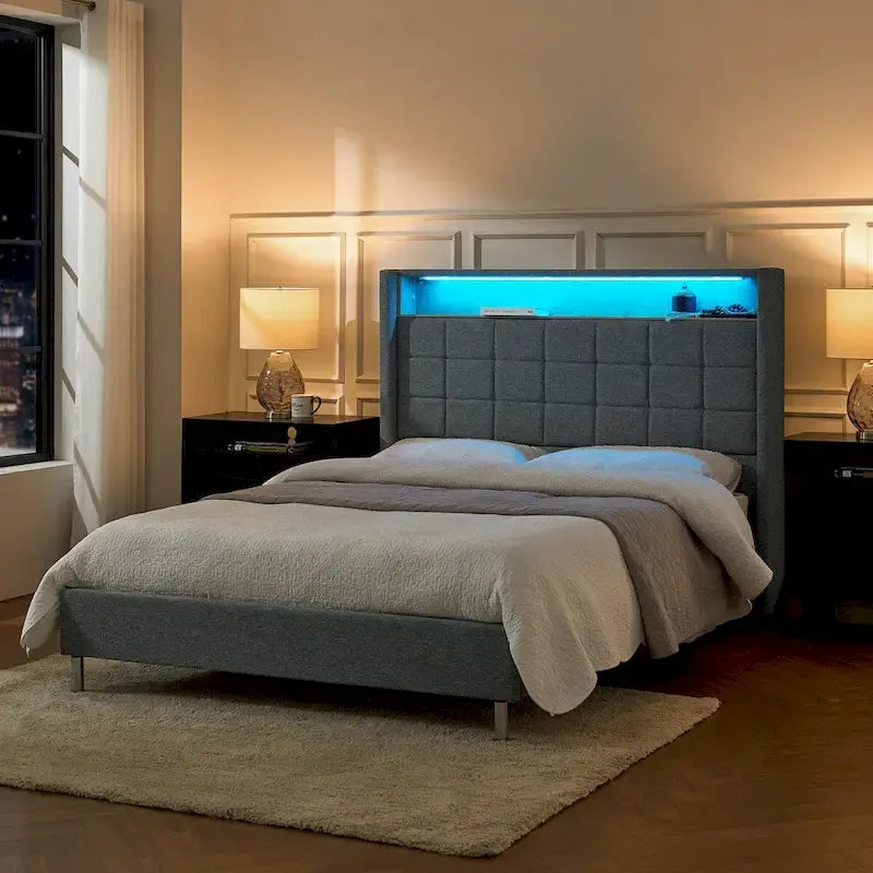 Celia Modern 61.5 Geometric Pattern Bed with Storage Headboard and Warm Night Light by HULALA HOME