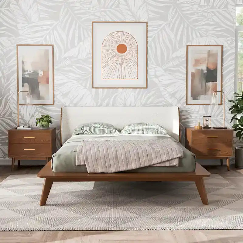 Furniture of America Beau Midcentury 3-Piece Boucle Wingback Low Profile Bedroom Set