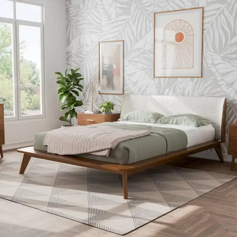 Furniture of America Beau Midcentury 3-Piece Boucle Wingback Low Profile Bedroom Set