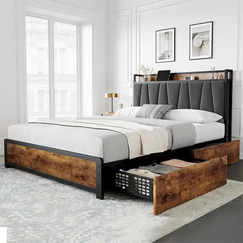 Upholstered Headboard Bed Frame with 4 Storage Drawers