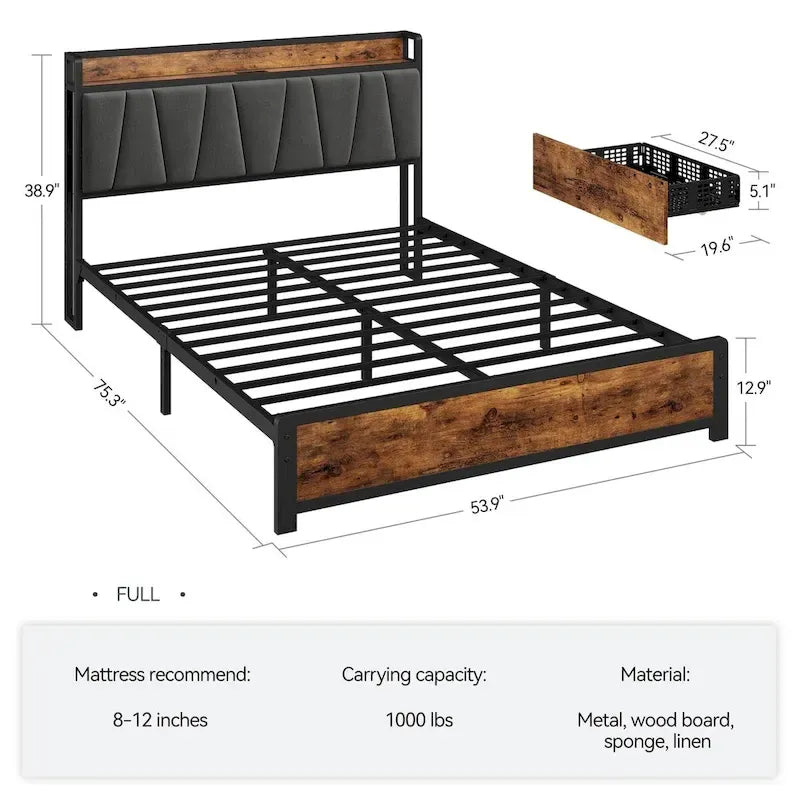 Upholstered Headboard Bed Frame with 4 Storage Drawers