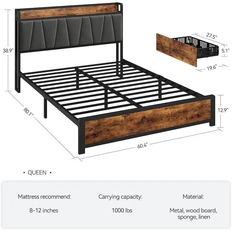 Upholstered Headboard Bed Frame with 4 Storage Drawers