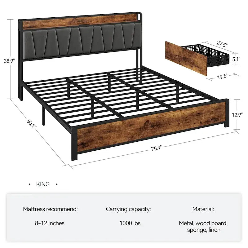 Upholstered Headboard Bed Frame with 4 Storage Drawers
