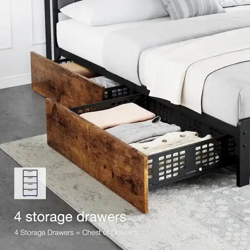 Upholstered Headboard Bed Frame with 4 Storage Drawers