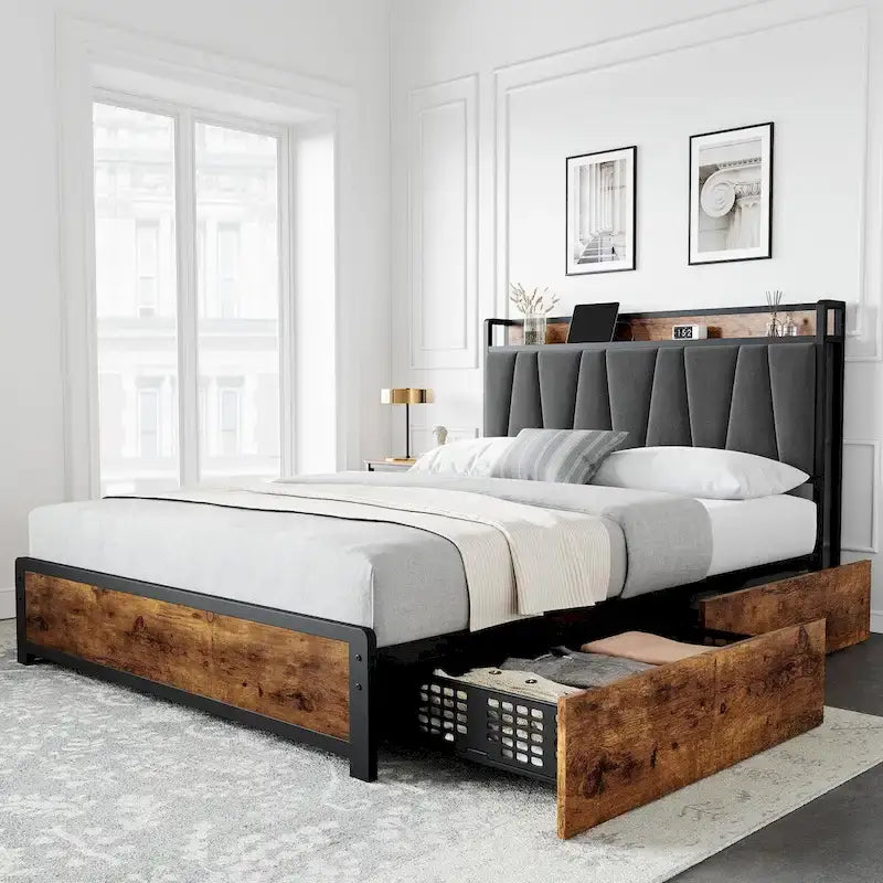 Upholstered Headboard Bed Frame with 4 Storage Drawers