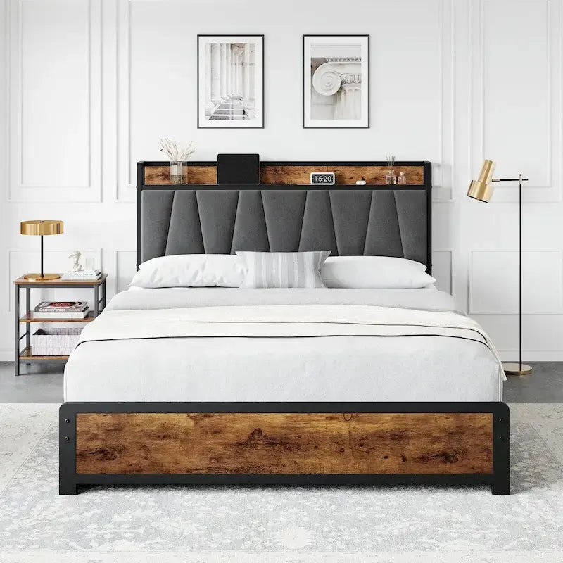 Upholstered Headboard Bed Frame with 4 Storage Drawers