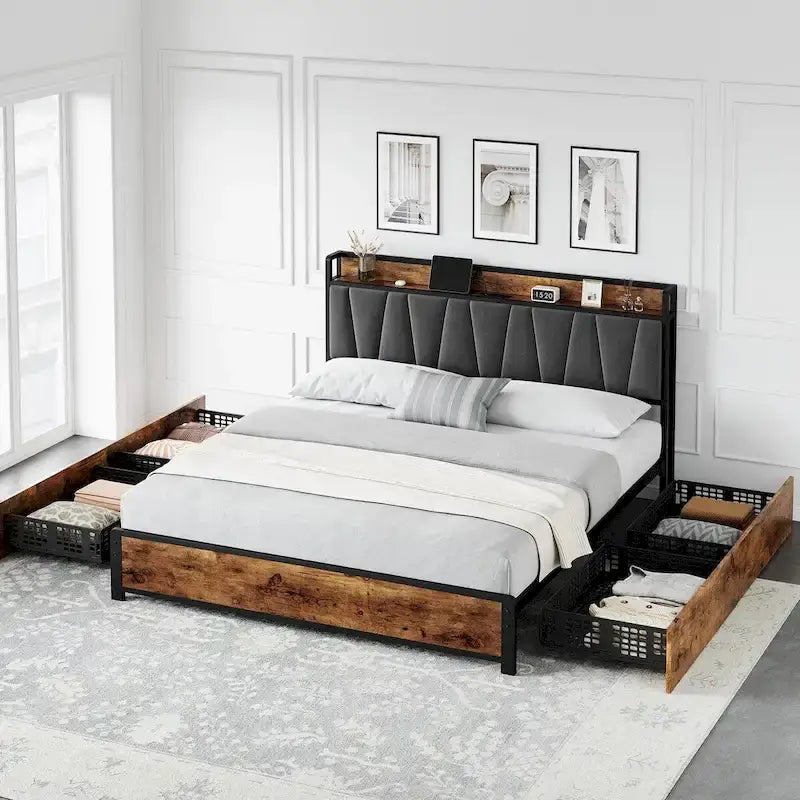 Upholstered Headboard Bed Frame with 4 Storage Drawers