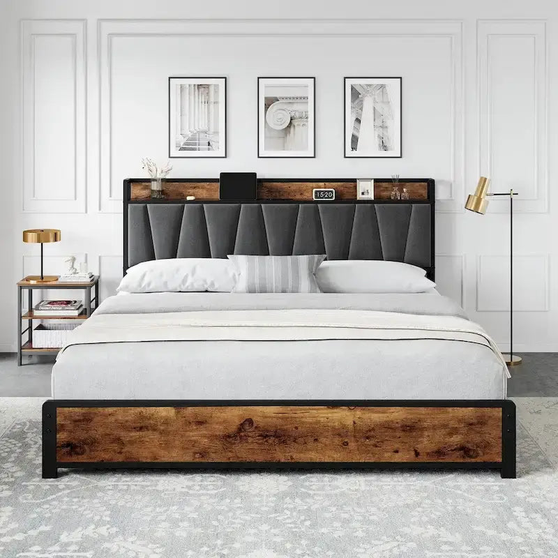 Upholstered Headboard Bed Frame with 4 Storage Drawers