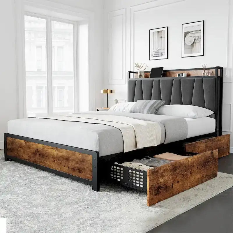 Upholstered Headboard Bed Frame with 4 Storage Drawers