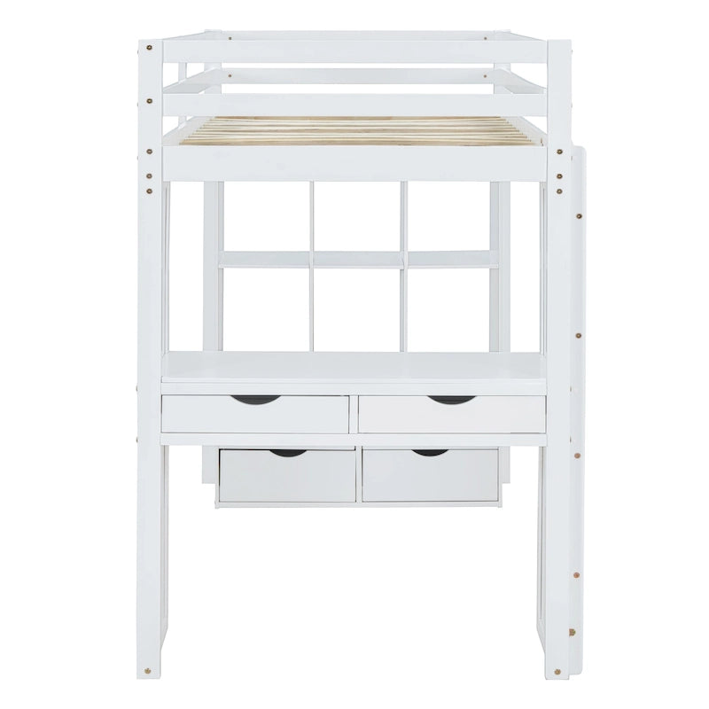 Loft Bed with Large Shelves, Writing Desk and LED Light