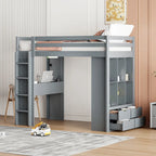 Loft Bed with Large Shelves, Writing Desk and LED Light